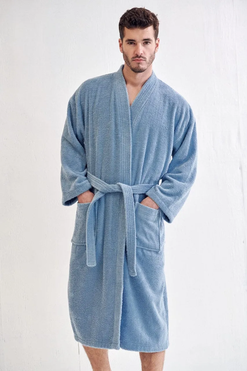 Men's Terry Cloth Bathrobe, Kimono Style, Luxury Terry Cotton Turkish & Comfortable, (Light Blue)