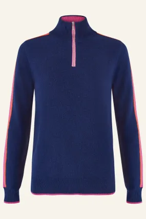 Merino Wool Overarm Stripe Quarter Zip Jumper | Navy/Pink/Orange