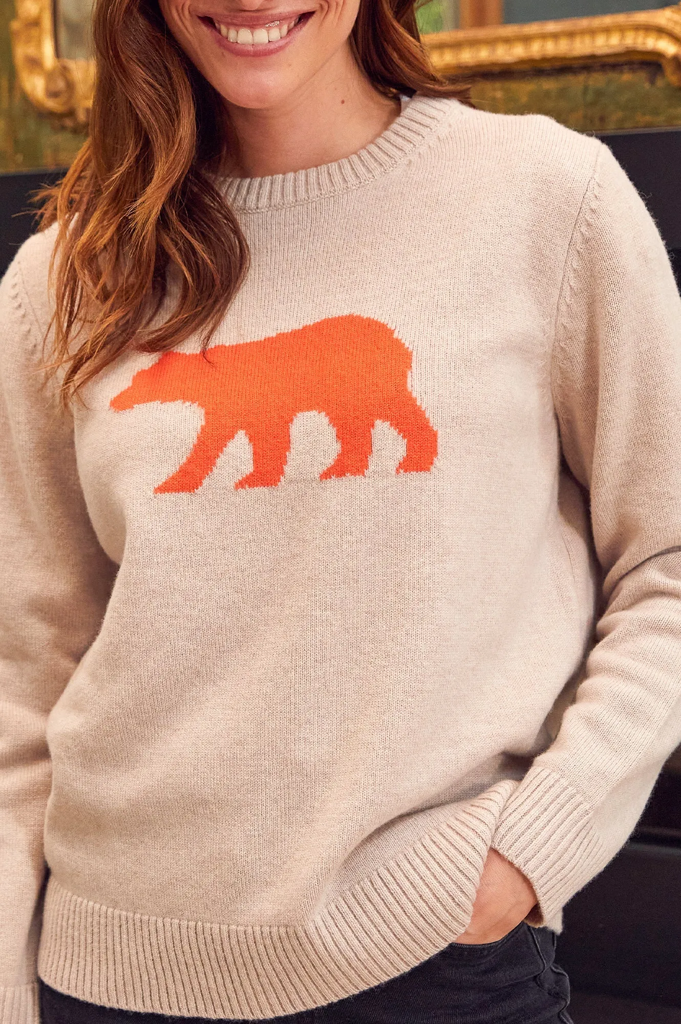 Merino Wool Polar Bear Jumper | Oat/Orange