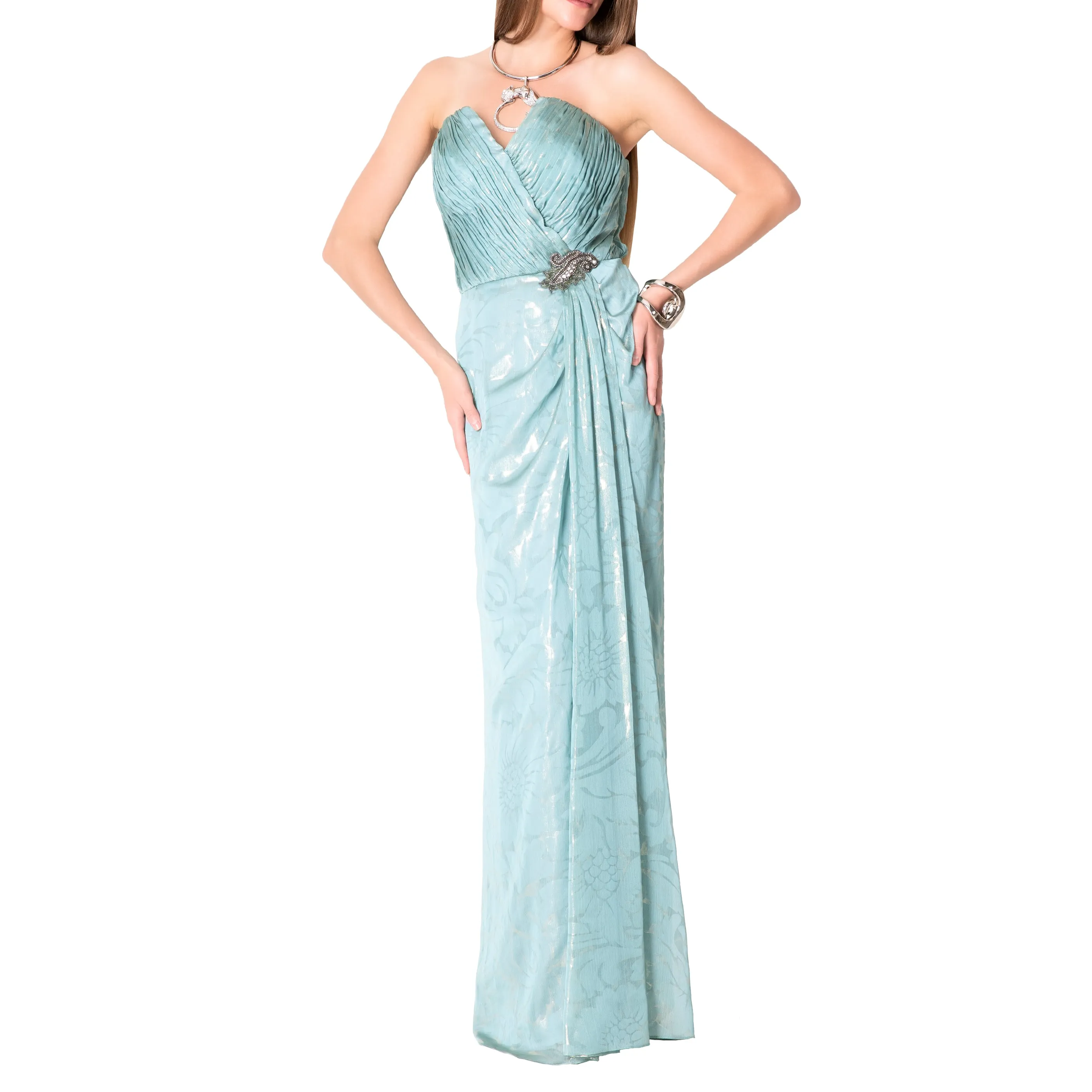 Metallic Chiffon Strapless Gown