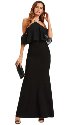 Natasha Pearl Halter Off Shoulder Gown Black