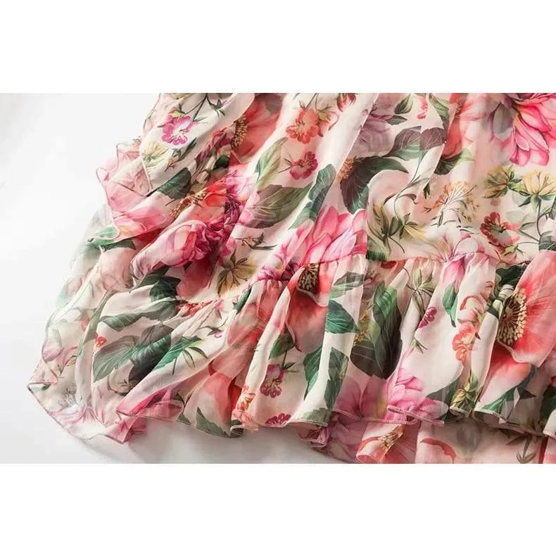 One-Shoulder Ruffle Floral Crepe Maxi Dress