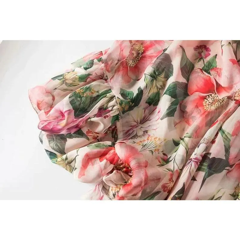 One-Shoulder Ruffle Floral Crepe Maxi Dress