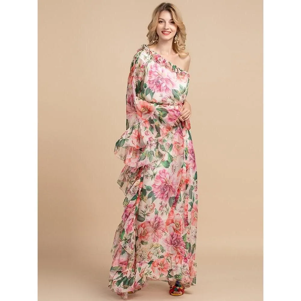 One-Shoulder Ruffle Floral Crepe Maxi Dress