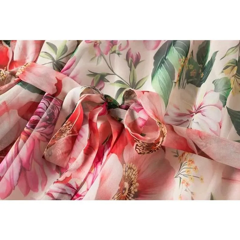 One-Shoulder Ruffle Floral Crepe Maxi Dress