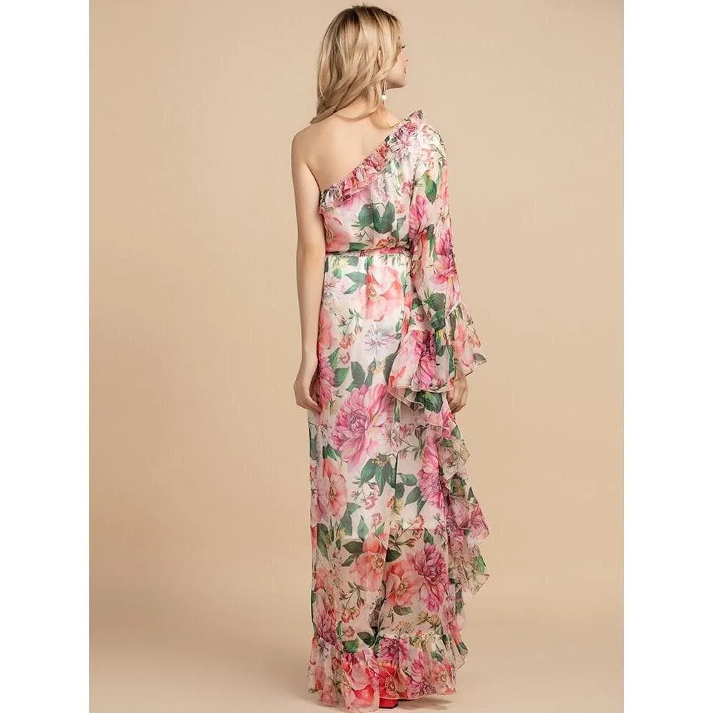 One-Shoulder Ruffle Floral Crepe Maxi Dress