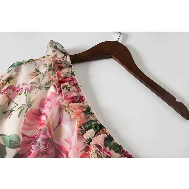 One-Shoulder Ruffle Floral Crepe Maxi Dress