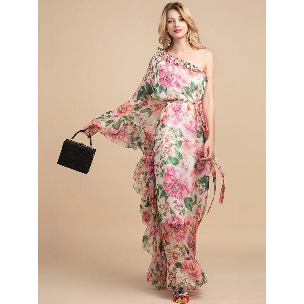 One-Shoulder Ruffle Floral Crepe Maxi Dress