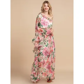 One-Shoulder Ruffle Floral Crepe Maxi Dress