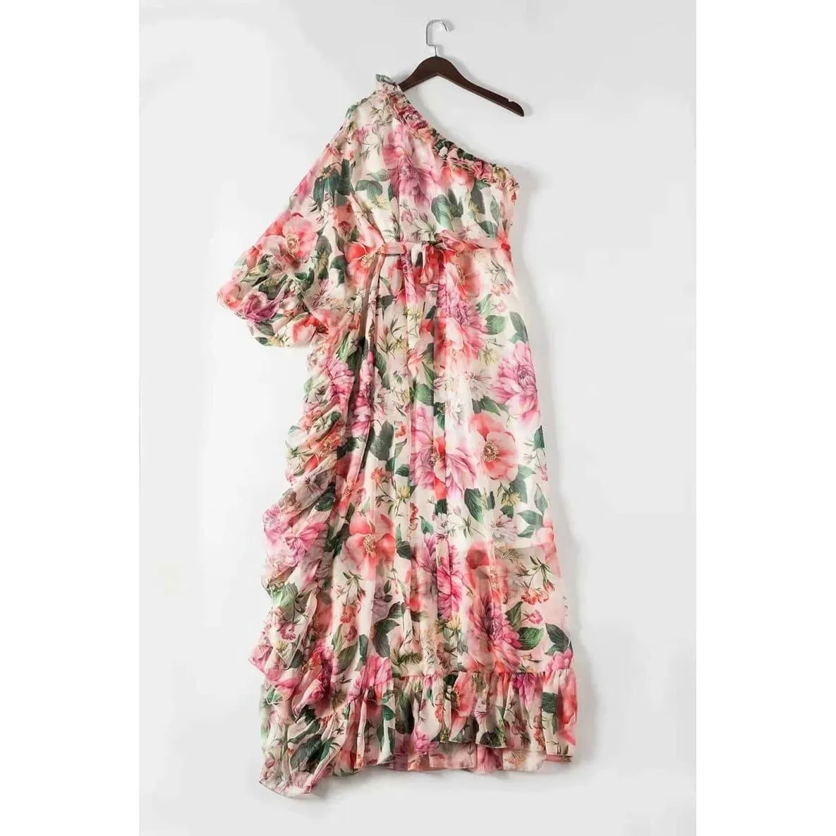 One-Shoulder Ruffle Floral Crepe Maxi Dress