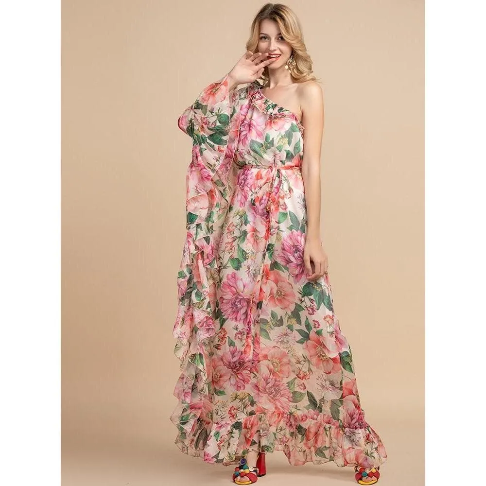 One-Shoulder Ruffle Floral Crepe Maxi Dress