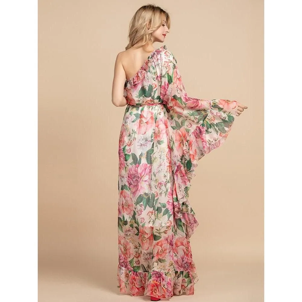 One-Shoulder Ruffle Floral Crepe Maxi Dress