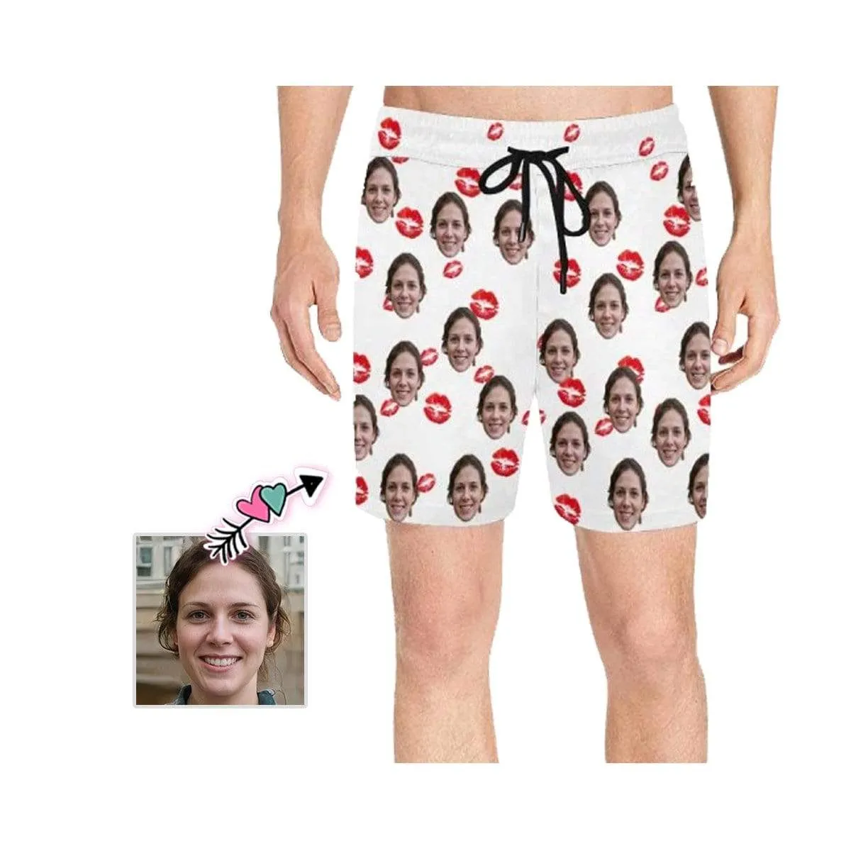 Personalized I Love My Girlfriend Swim Trunks with Face Design Lips Men's Quick Dry Swim Shorts for Valentine's Day