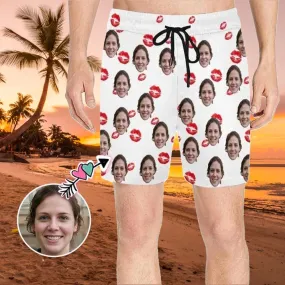 Personalized I Love My Girlfriend Swim Trunks with Face Design Lips Men's Quick Dry Swim Shorts for Valentine's Day
