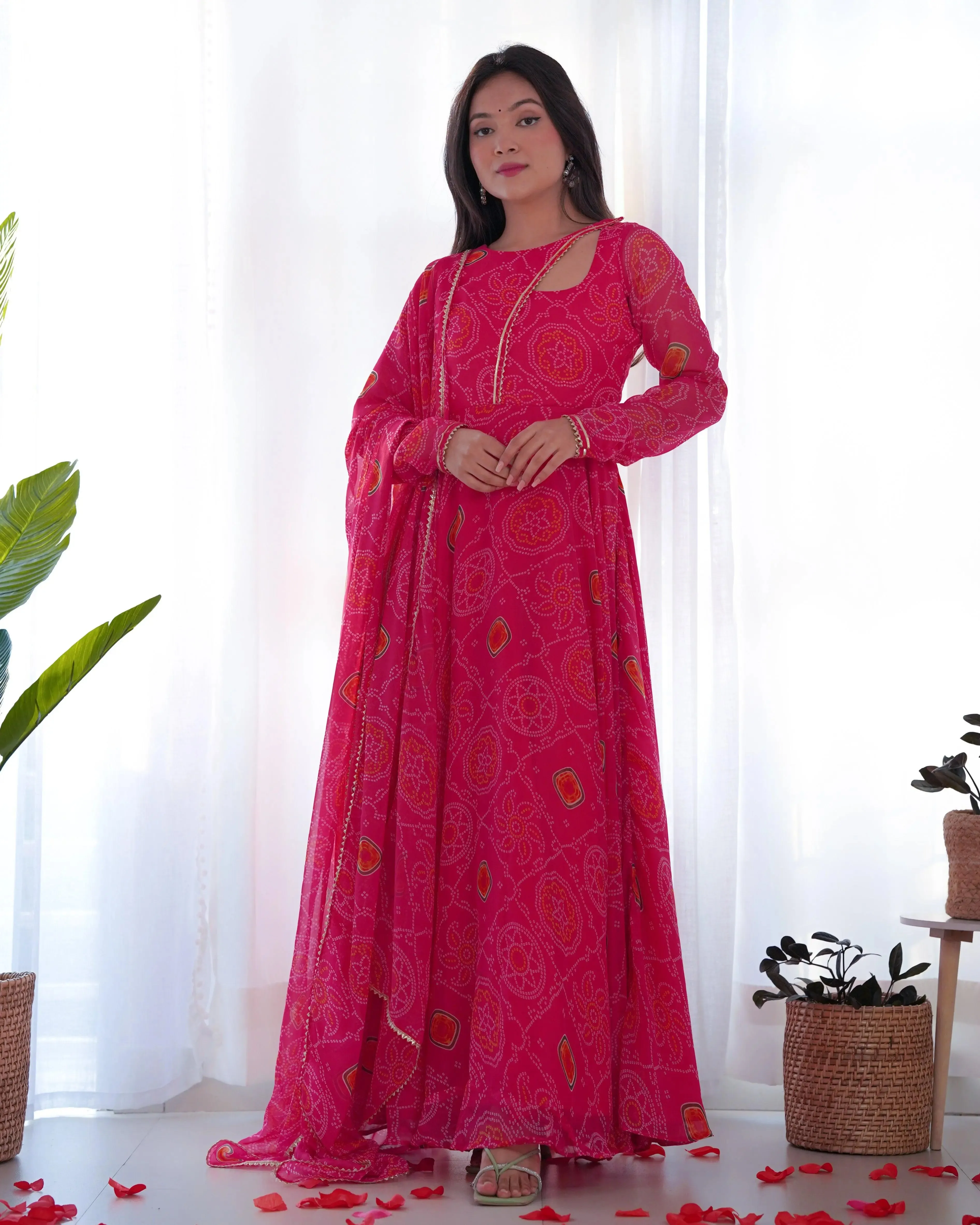 Pink Pure Chiffon Bandhej Printed Gown With Dupatta