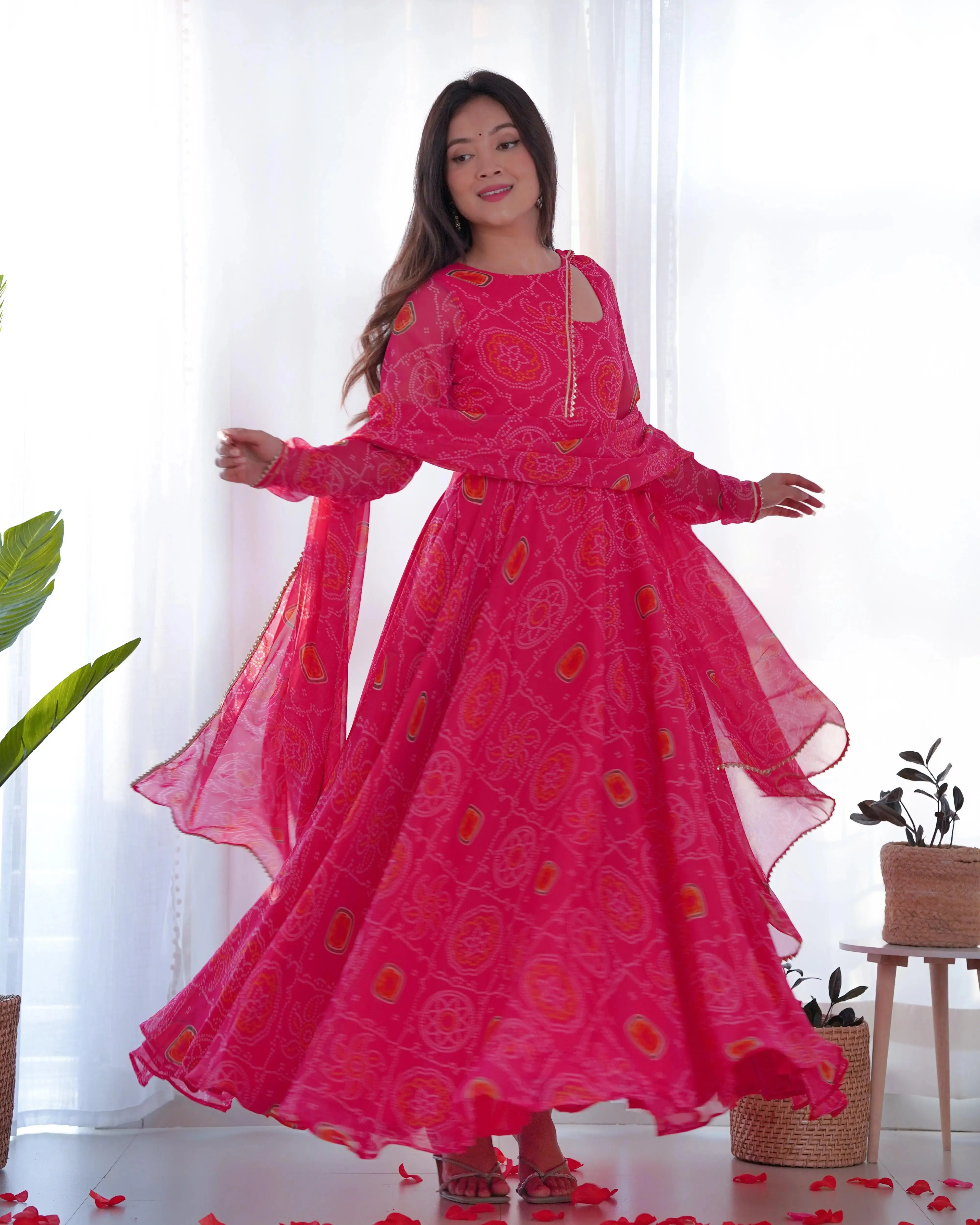 Pink Pure Chiffon Bandhej Printed Gown With Dupatta