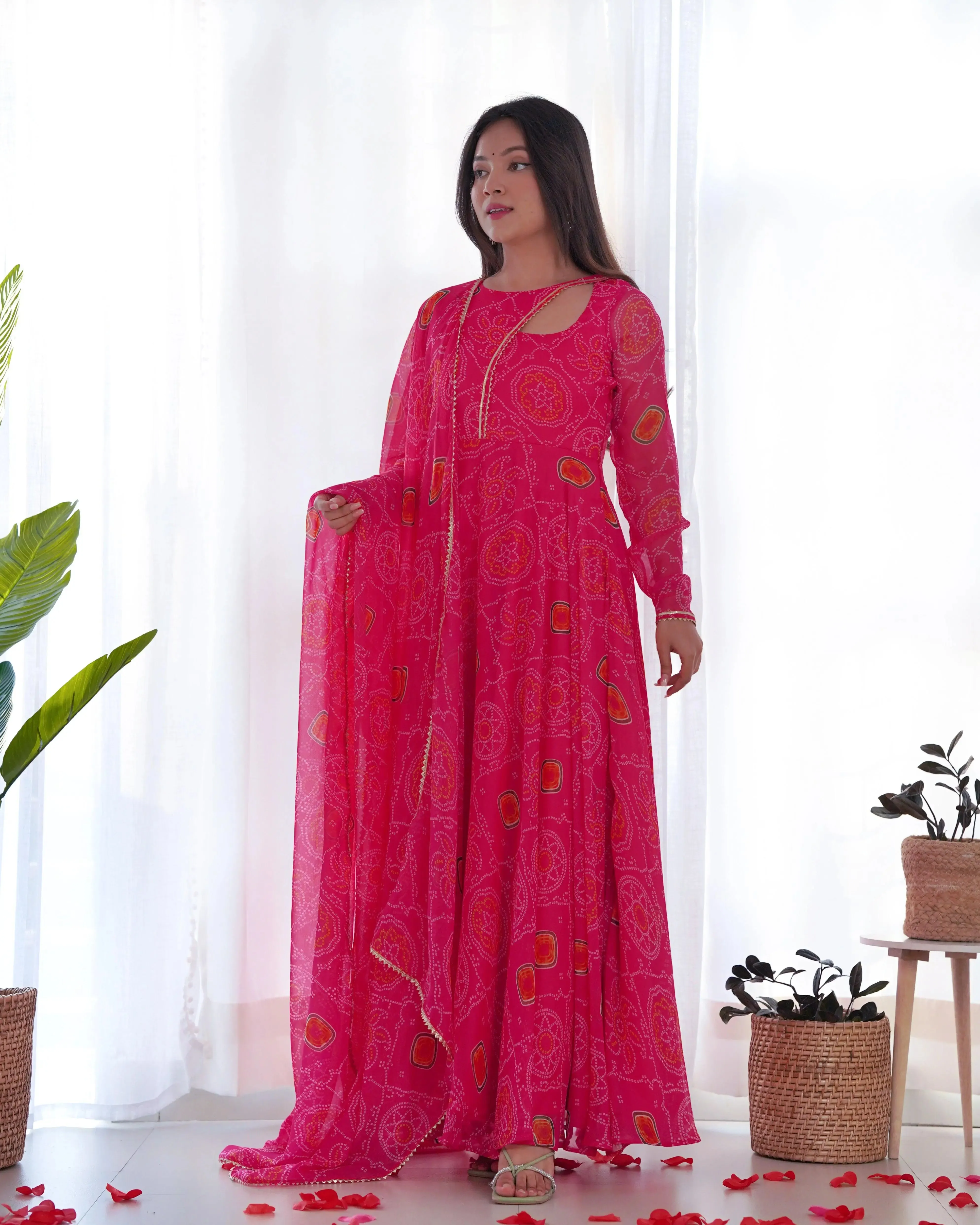 Pink Pure Chiffon Bandhej Printed Gown With Dupatta