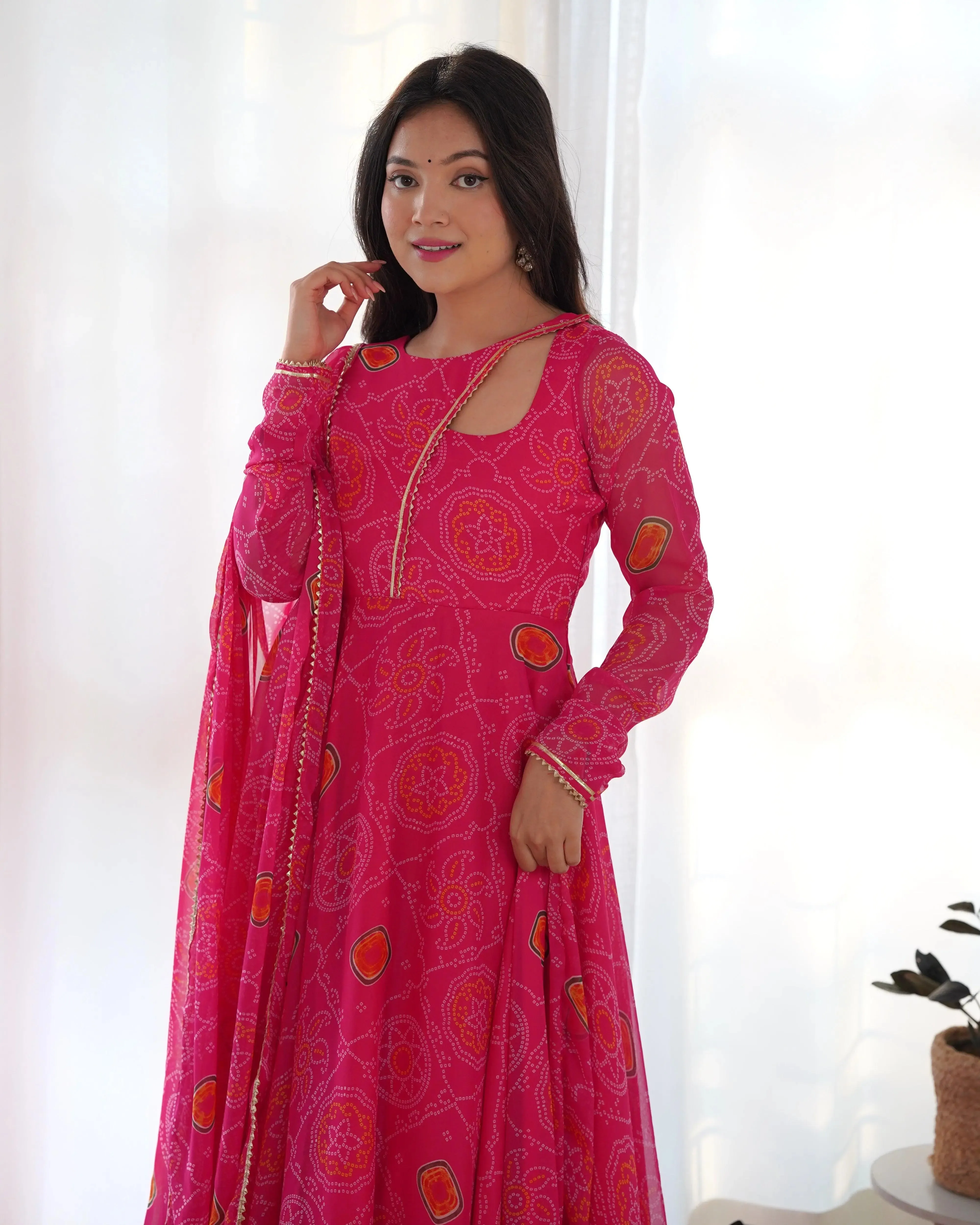 Pink Pure Chiffon Bandhej Printed Gown With Dupatta