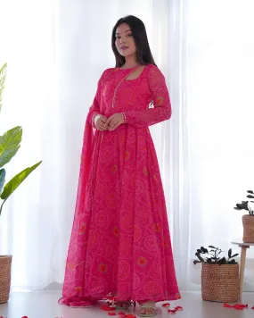 Pink Pure Chiffon Bandhej Printed Gown With Dupatta