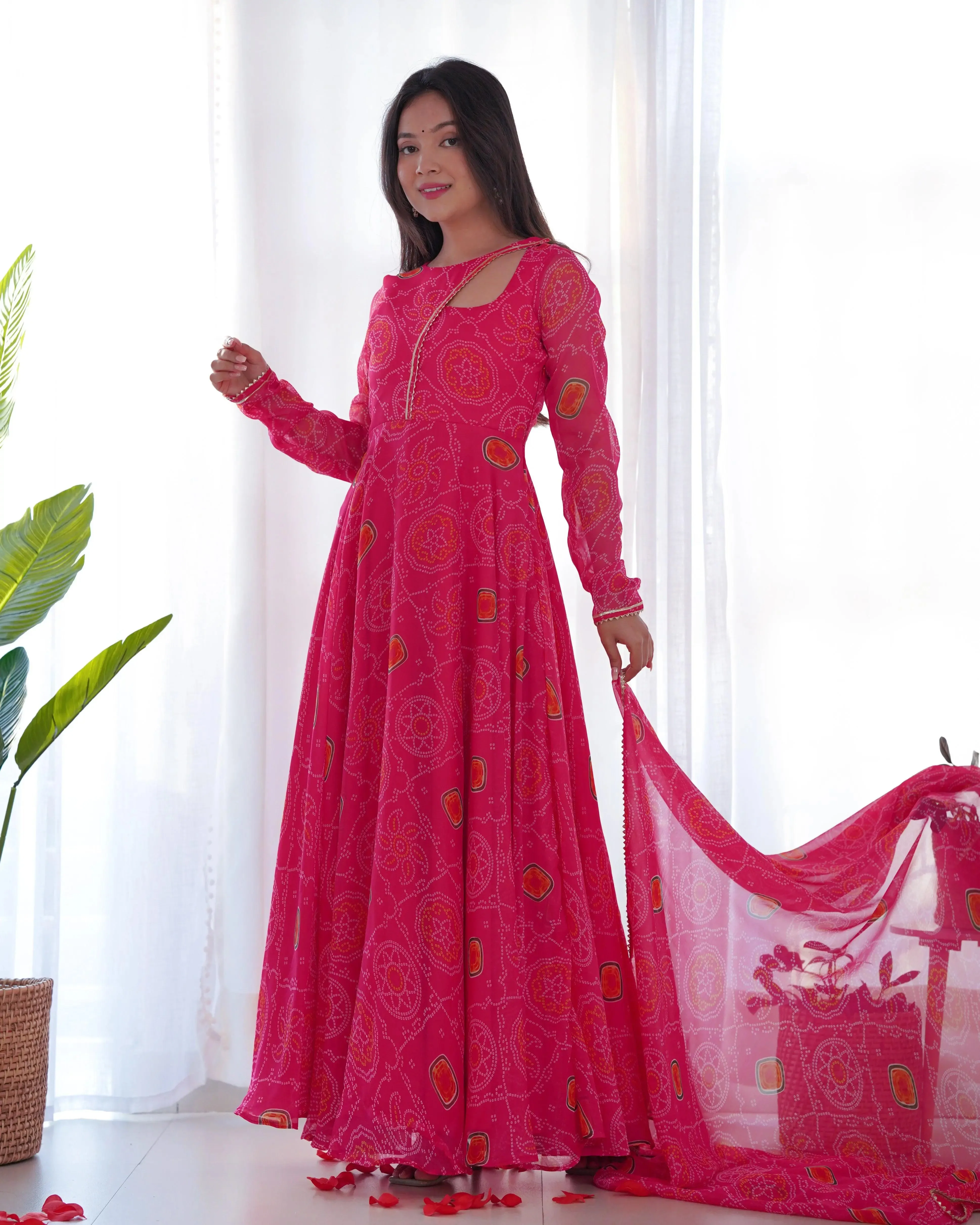 Pink Pure Chiffon Bandhej Printed Gown With Dupatta
