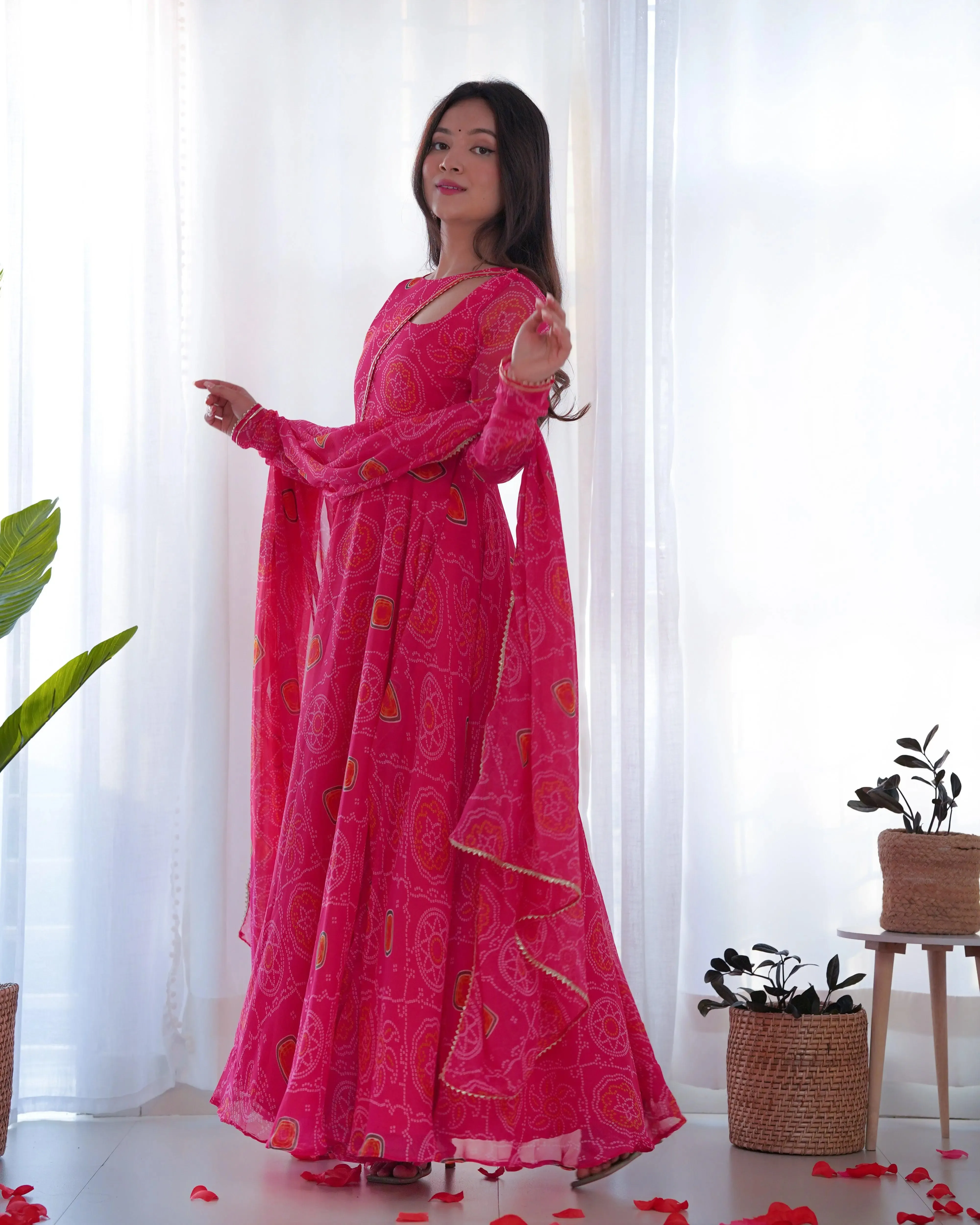Pink Pure Chiffon Bandhej Printed Gown With Dupatta
