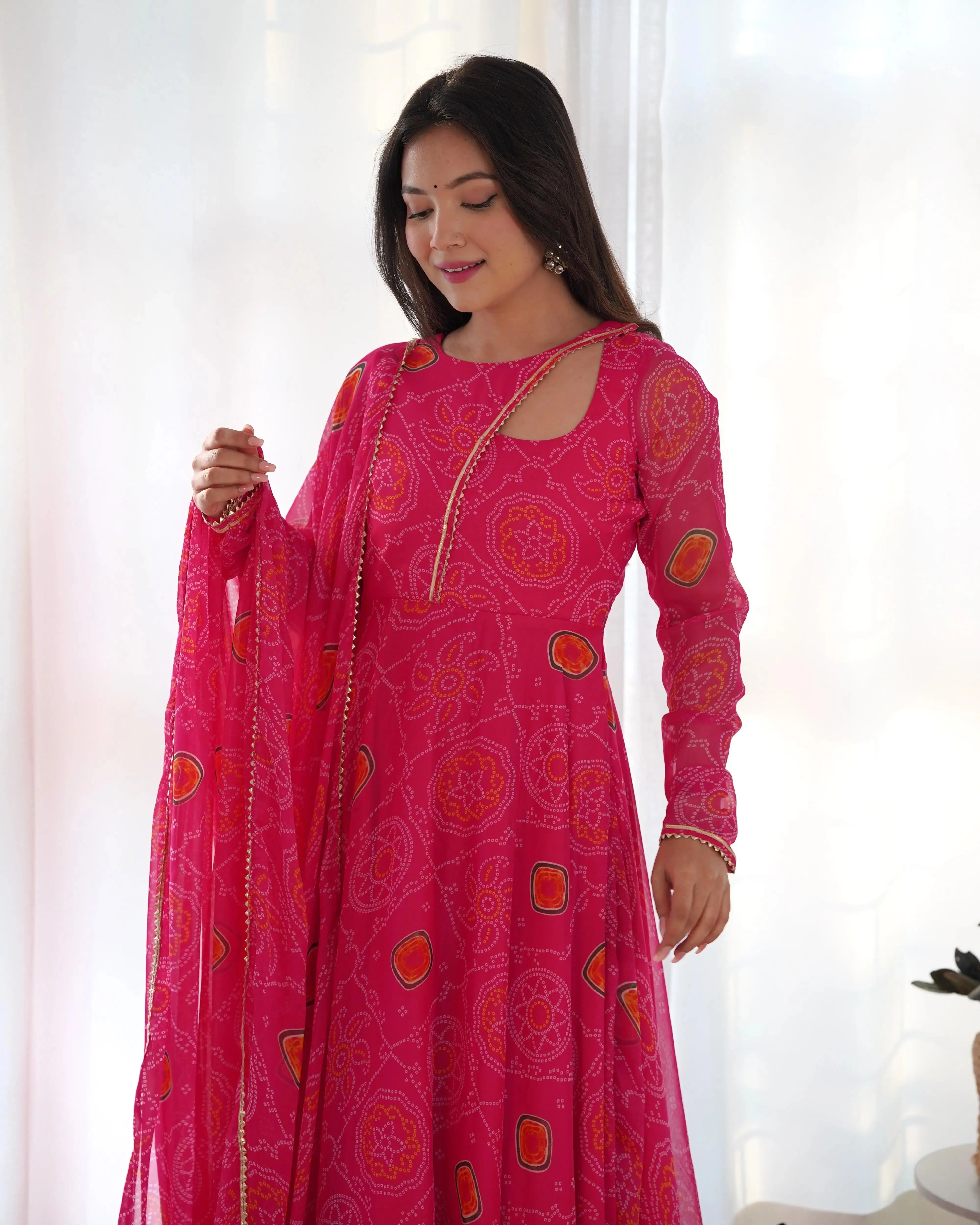 Pink Pure Chiffon Bandhej Printed Gown With Dupatta