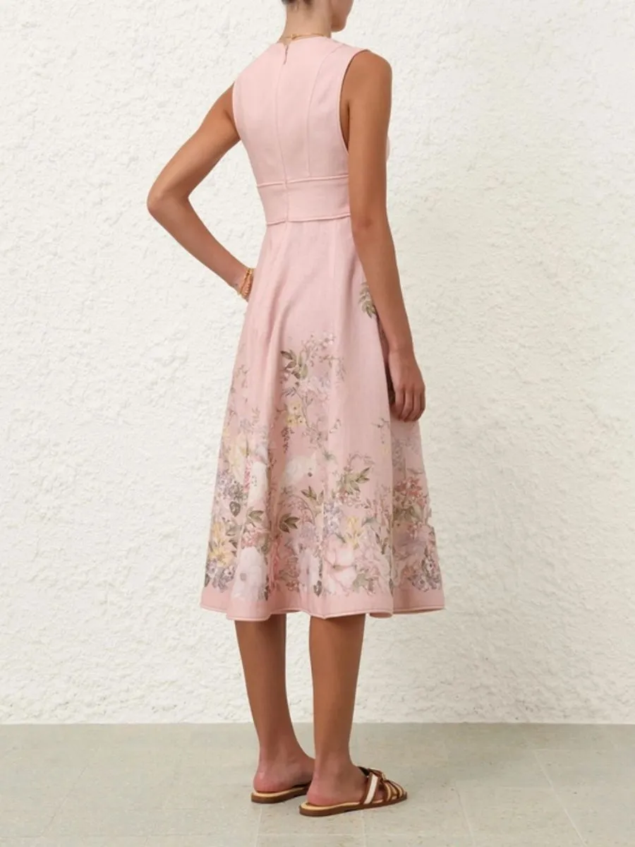 Pleated Floral Print Linen Midi Dress