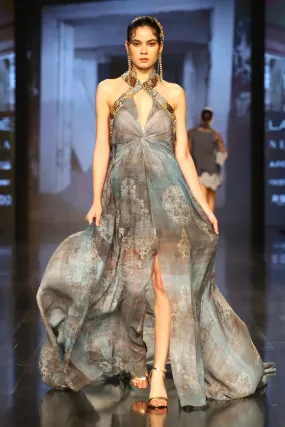 Printed Halter Neck Gown with Trail