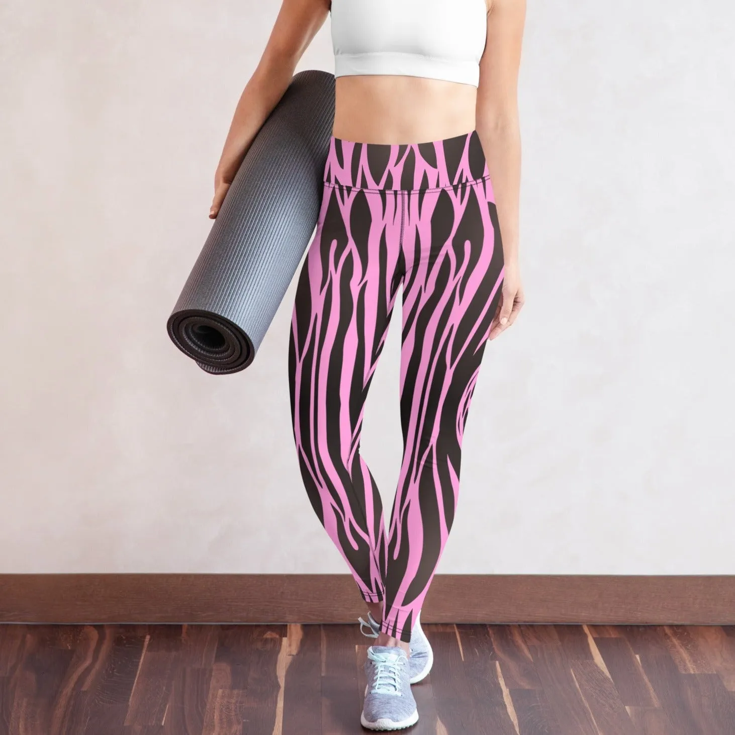 Purple and black stripe printed high waist leggings with pockets
