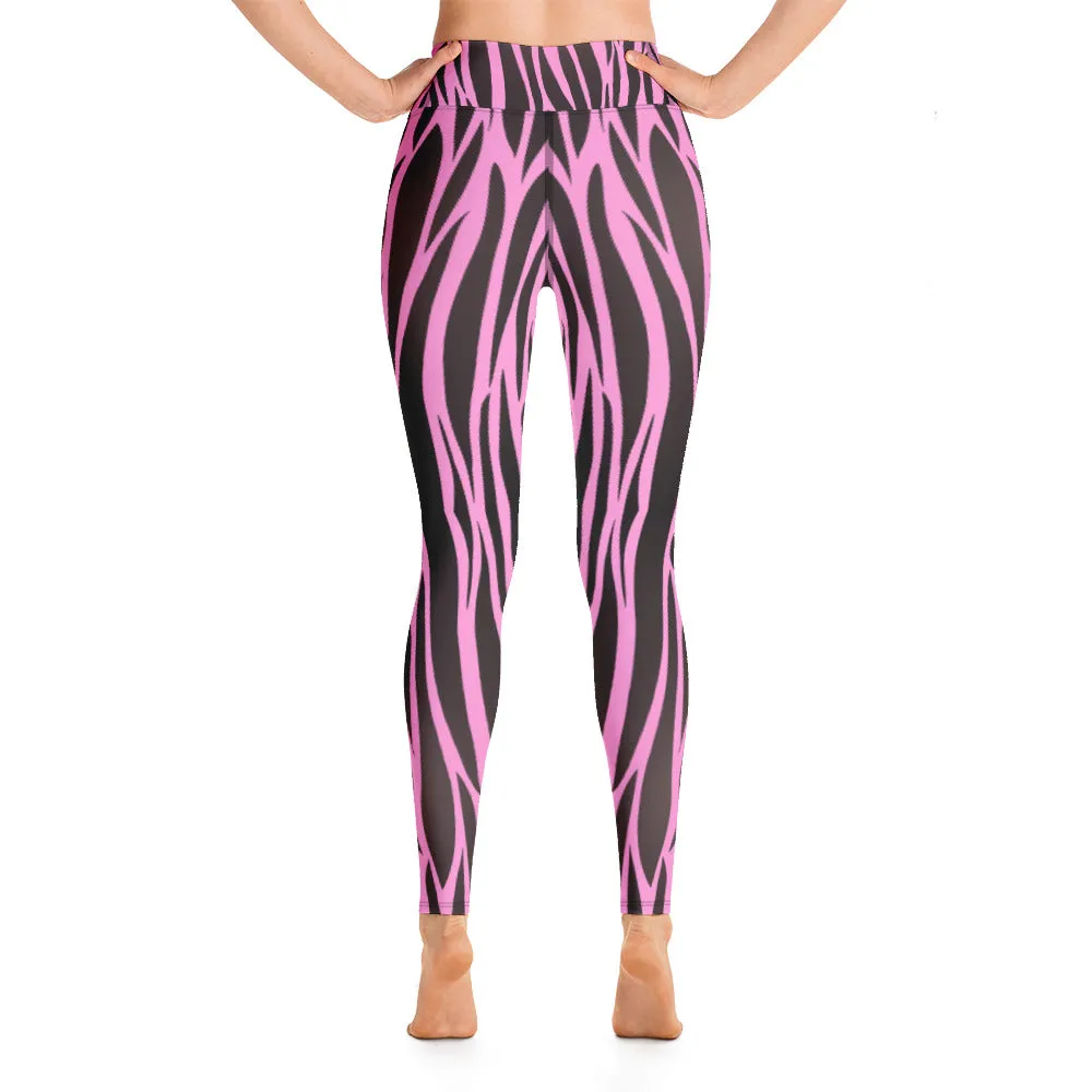 Purple and black stripe printed high waist leggings with pockets
