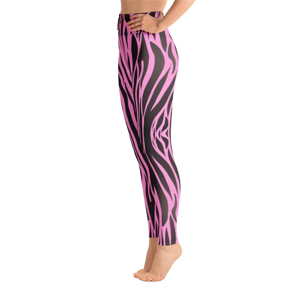 Purple and black stripe printed high waist leggings with pockets