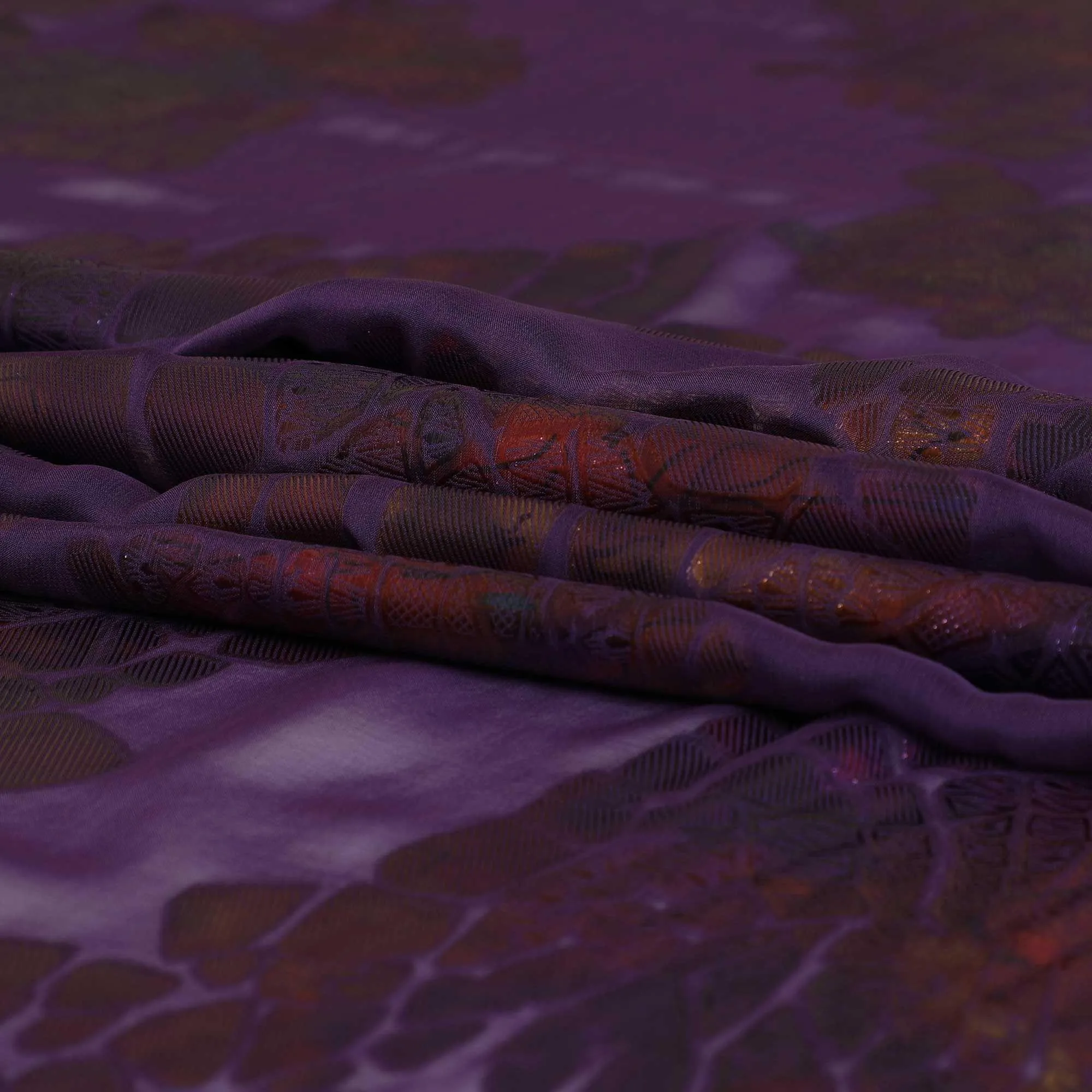 Purple premium pure silk chiffon fabric with multicolor metallic lurex in fancy design-D9079