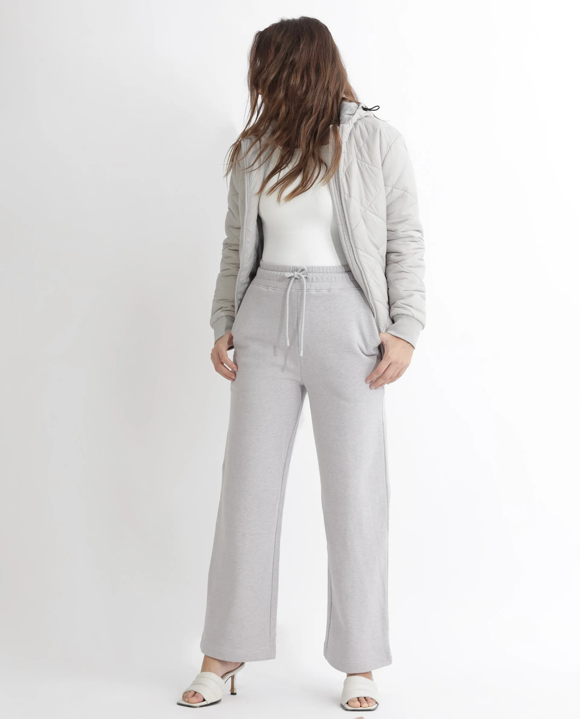 Rareism Articale Women Pazoo F Melange Grey Cotton Blend Fabric Drawstring Closure Flared Fit Plain Ankle Length Track Pant