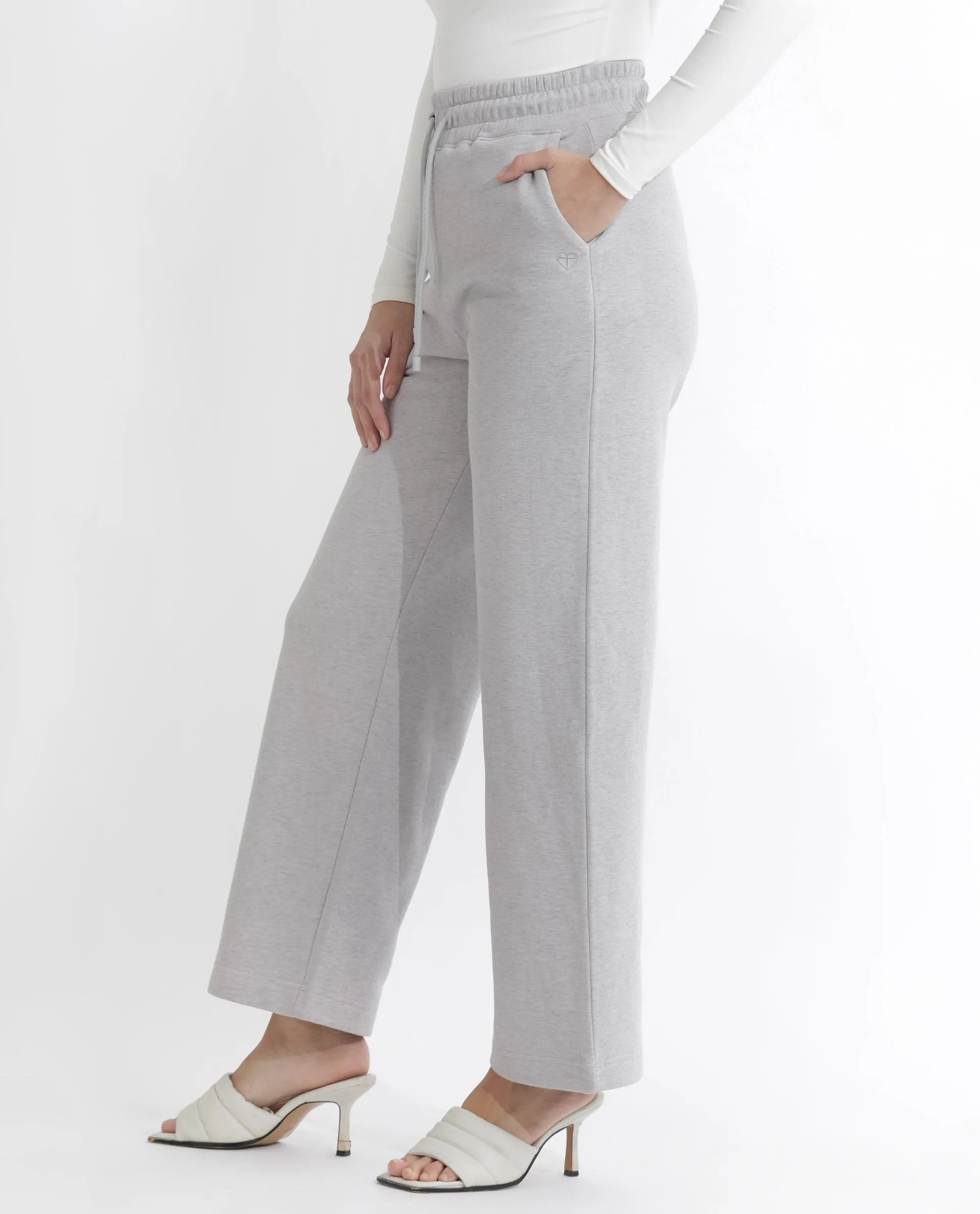 Rareism Articale Women Pazoo F Melange Grey Cotton Blend Fabric Drawstring Closure Flared Fit Plain Ankle Length Track Pant