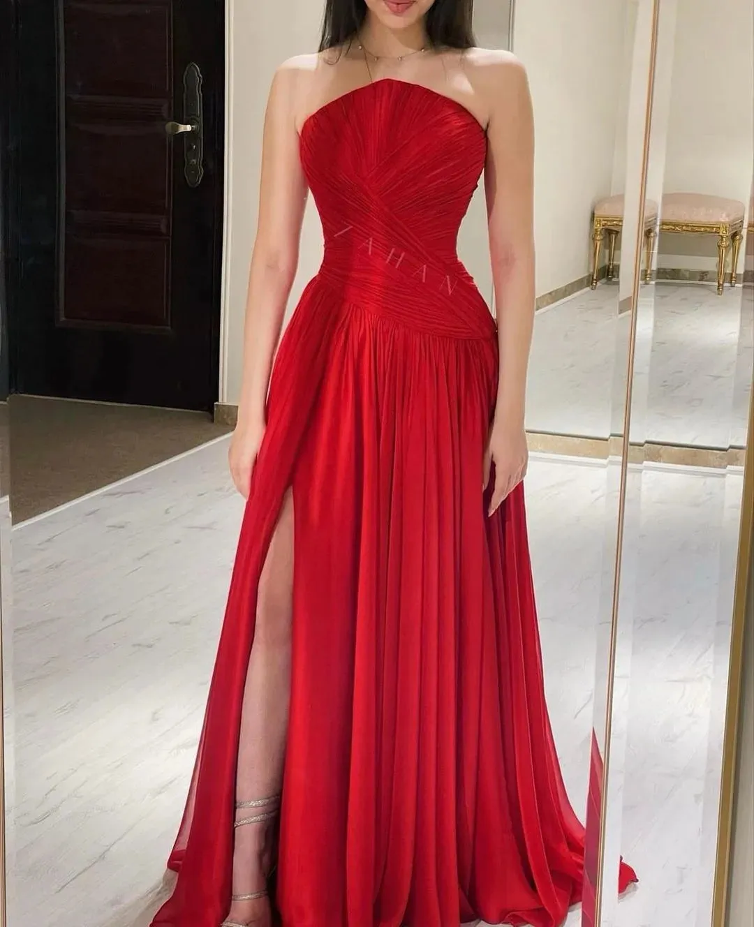 Red Chiffon Draped Tube Gown Dress