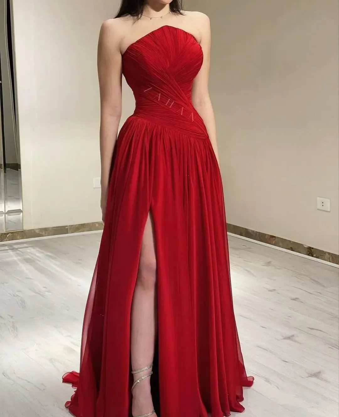 Red Chiffon Draped Tube Gown Dress