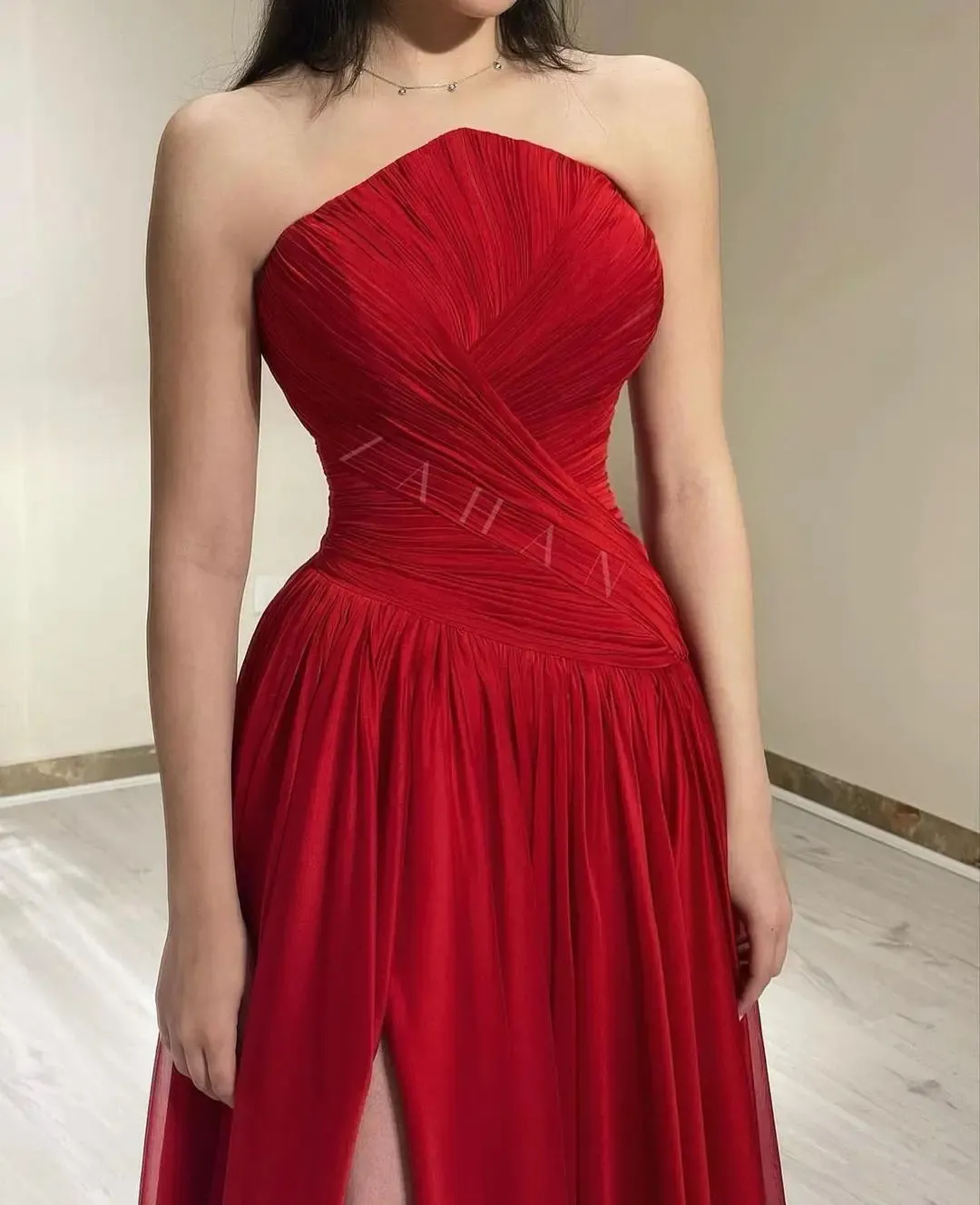 Red Chiffon Draped Tube Gown Dress