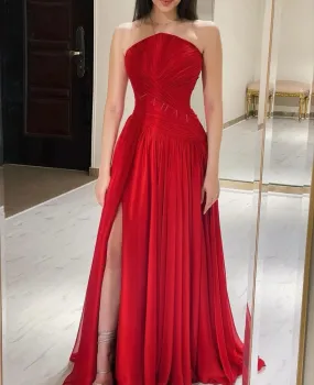Red Chiffon Draped Tube Gown Dress