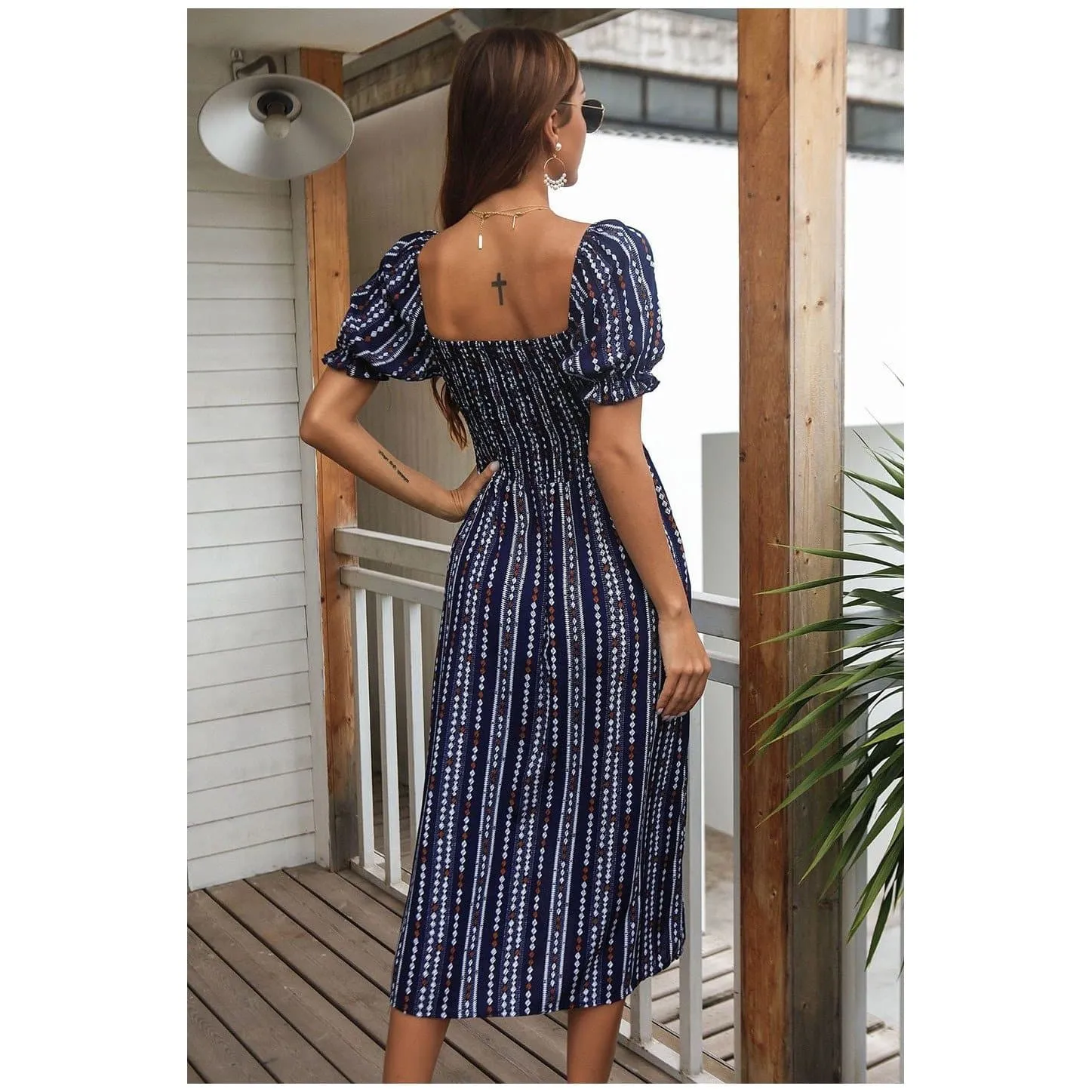 SHORT SLEEVE PRINTED MIDI DRESS