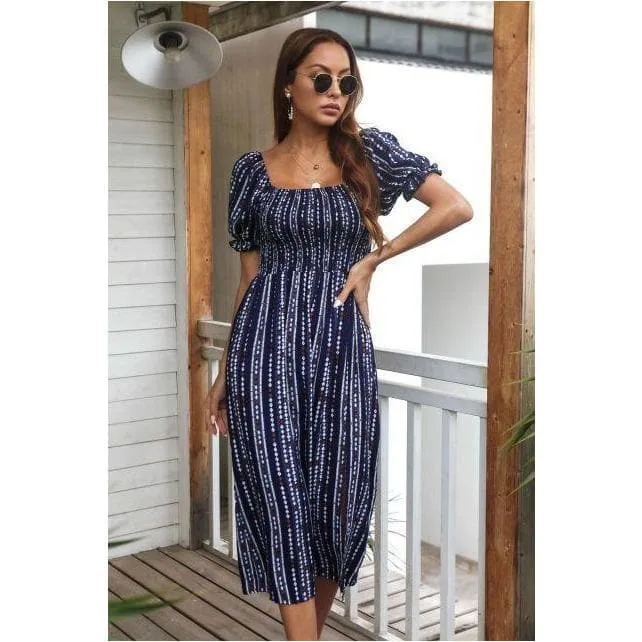 SHORT SLEEVE PRINTED MIDI DRESS