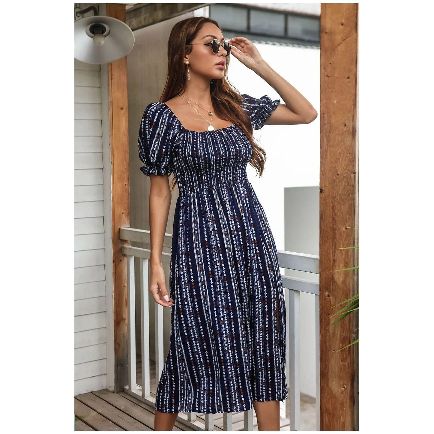 SHORT SLEEVE PRINTED MIDI DRESS