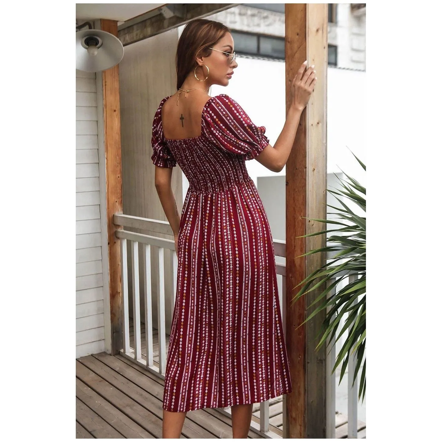 SHORT SLEEVE PRINTED MIDI DRESS