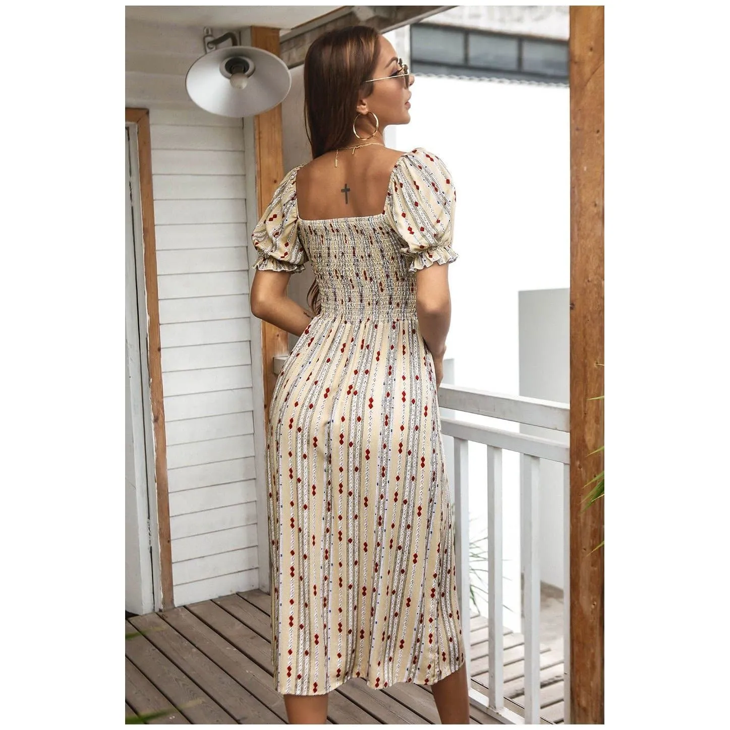 SHORT SLEEVE PRINTED MIDI DRESS