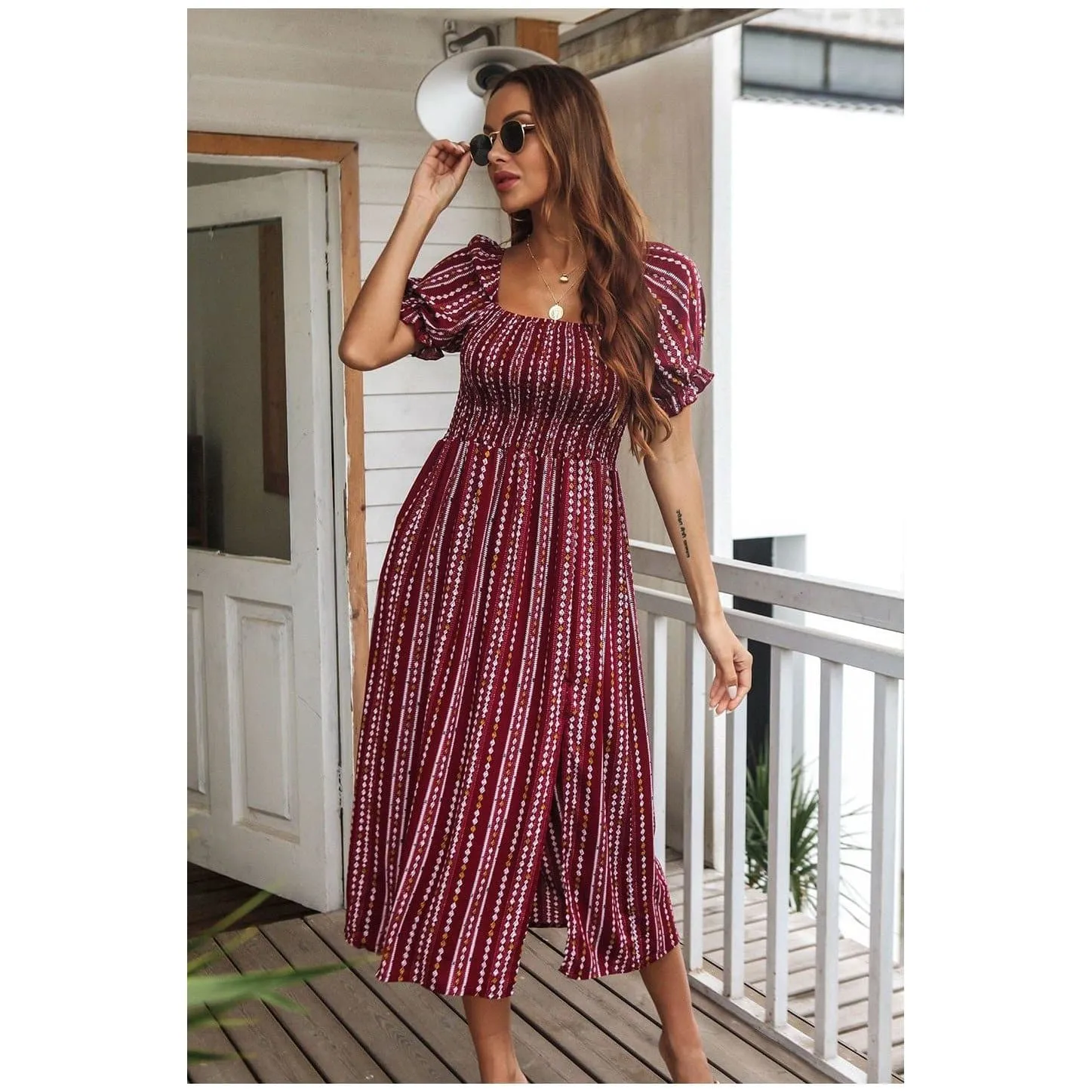 SHORT SLEEVE PRINTED MIDI DRESS
