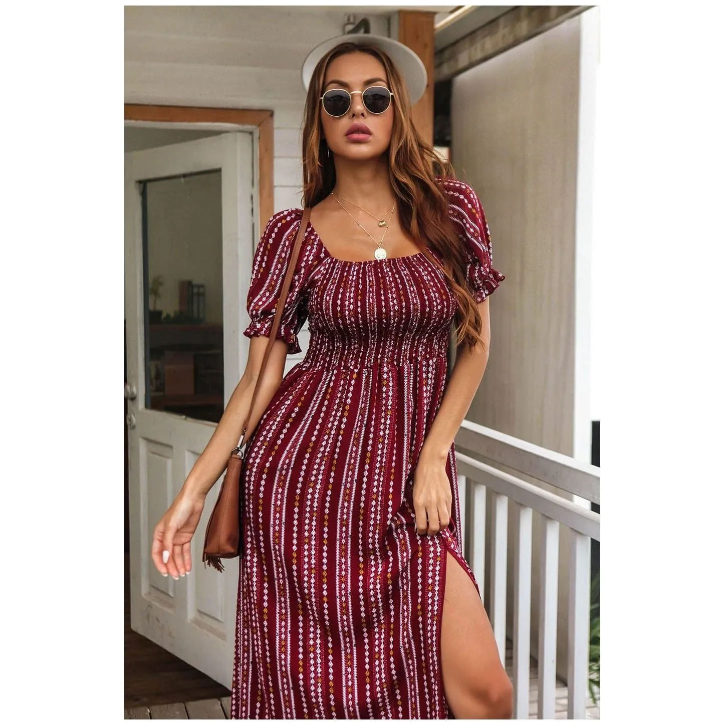 SHORT SLEEVE PRINTED MIDI DRESS