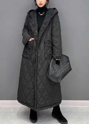 Simple Black Button Thick Warm Fleece Hooded Parka Winter