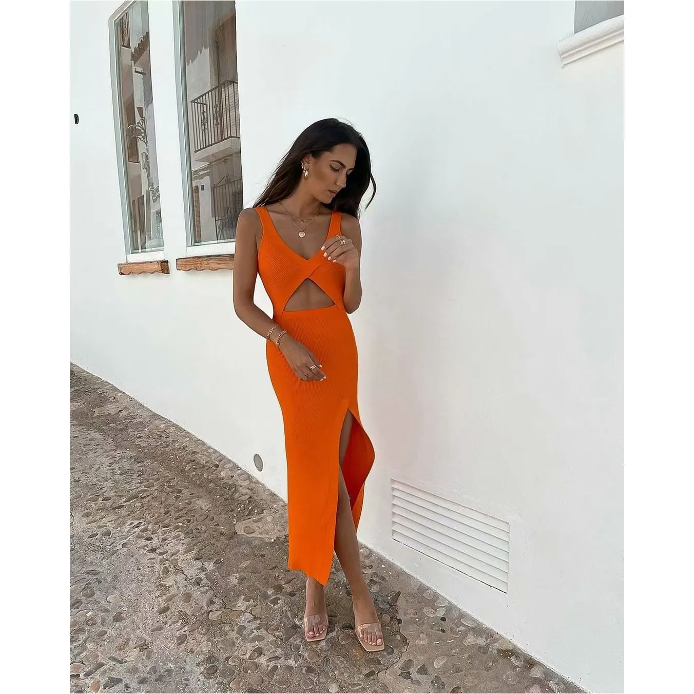 STRETCH TIGHT V-NECK HOLLOW DRESS