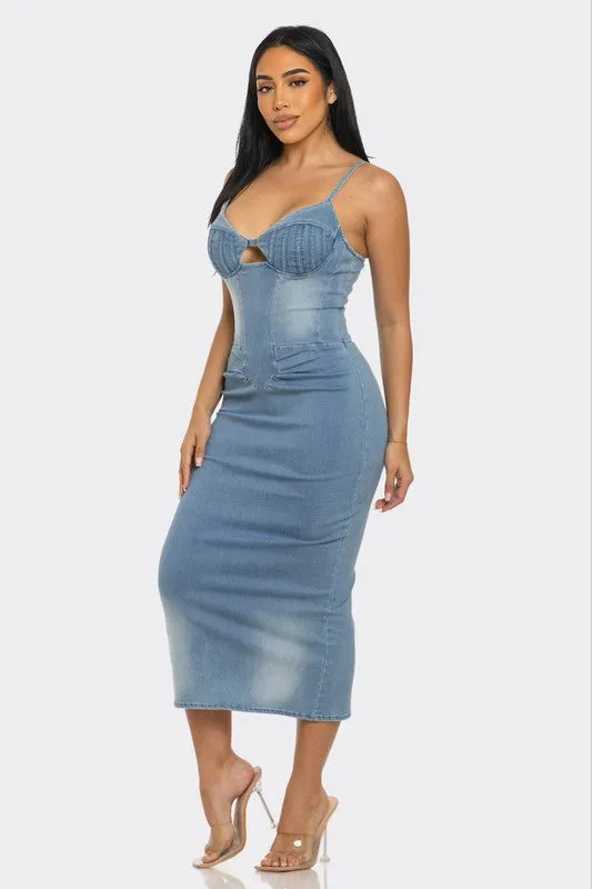 Summer Denim Knee Length Dress Spaghetti Straps
