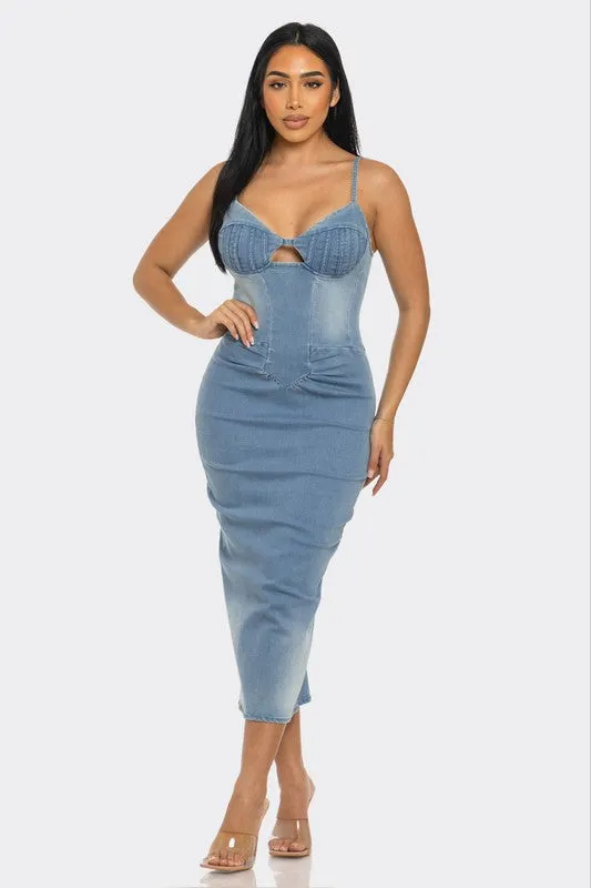 Summer Denim Knee Length Dress Spaghetti Straps