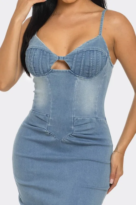 Summer Denim Knee Length Dress Spaghetti Straps